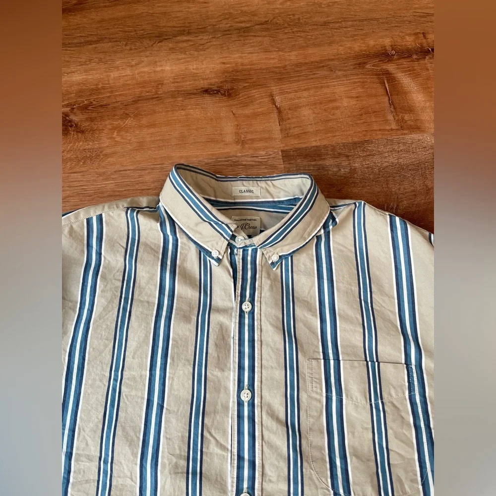 J.Crew Men’s Classic Long Sleeve‎ Striped Button Down Shirt LARGE Tan Cotton